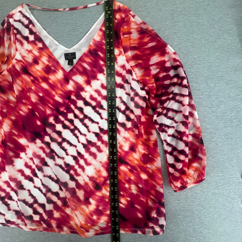 Worthington Blouse Women 1X Red Pink Tie Dye V-Neck 3/4 Sleeve Chiffon Lined - Picture 4 of 5